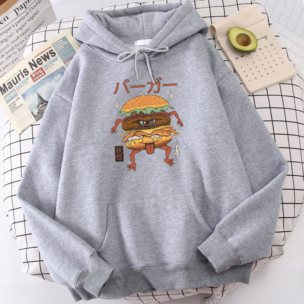 Moletom Canguru Unissex Monster Burger Food Cartoon Cinza