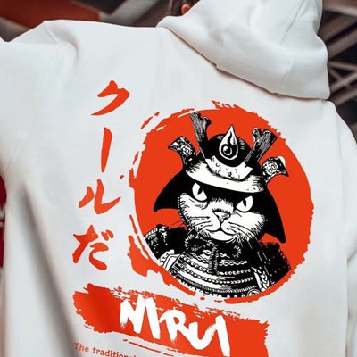 Moletom Canguru Com Estampa Gatinho Samurai - branco