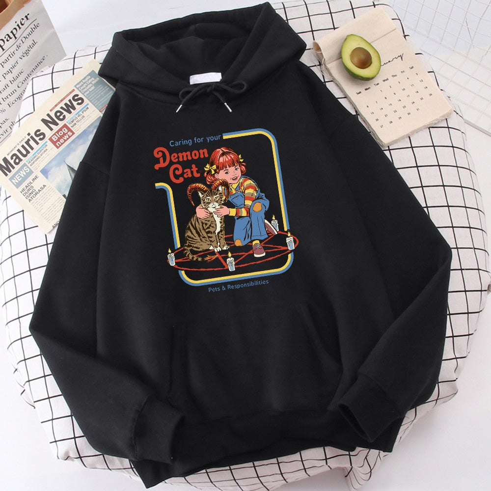 Moletom Canguru Unissex Caring For Your Demon Cat Cartoon Preto