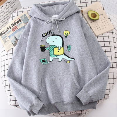 Moletom Canguru Com Estampa Dinossauro Tomando Café