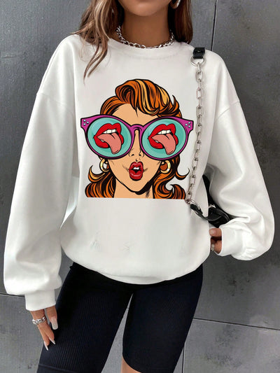 Moletom Gola Redonda Com Estampa Oculos Boca Mulher