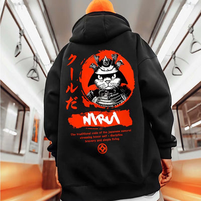 Moletom CAnguru Com Estampa Gatinho Samurai - preto