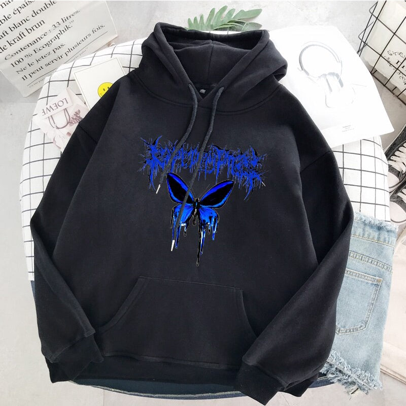 Moletom Canguru Unissex Ghotic Butterfly Blue Preto
