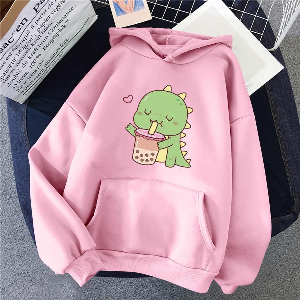 moletom canguru com estampa dinossauro bebendo leite